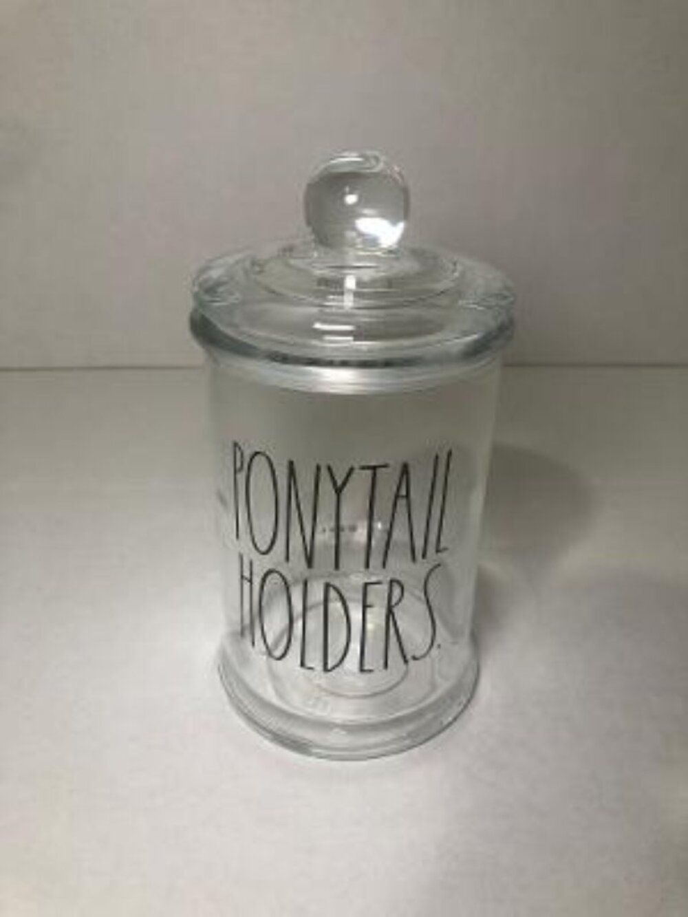Rae Dunn "PONYTAIL HOLDERS" Glass Jar With Glass Lid 2022